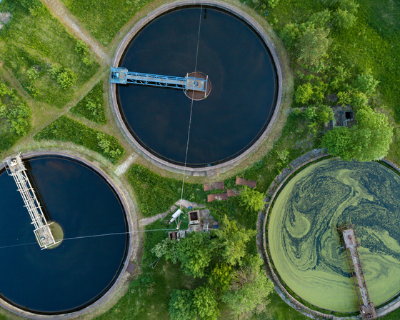Aerial view of purification tanks for wastewater