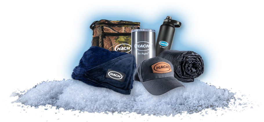 Photo montage displaying some of the giveaways including a Hach Fleece Blanket, Hach Navy Hat, Hach Speaker, Hach Can Cooler, and more.