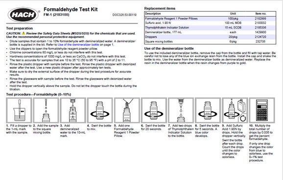 High Range Formaldehyde Test Kit Instructions