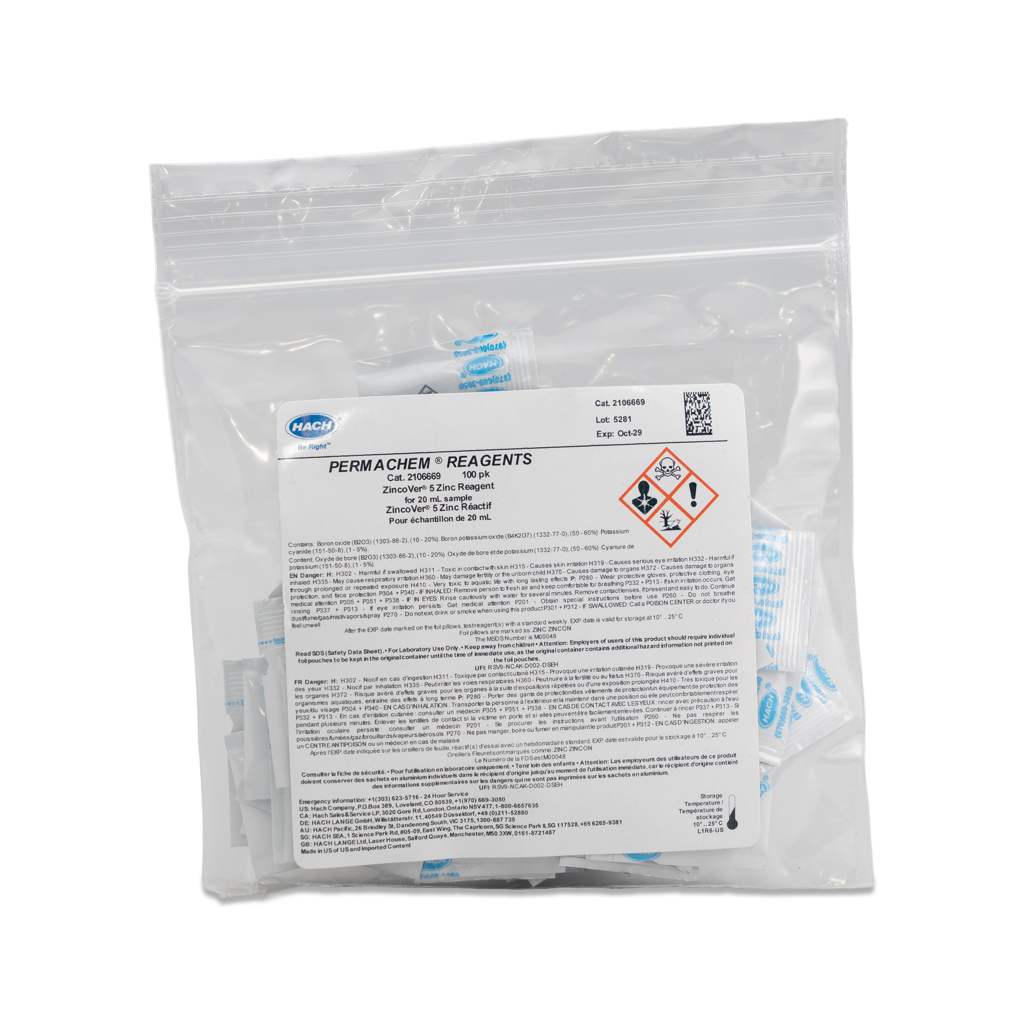 ZincoVer 5 Zinc Reagent Powder Pillows, 20 mL, pk/100 | Hach