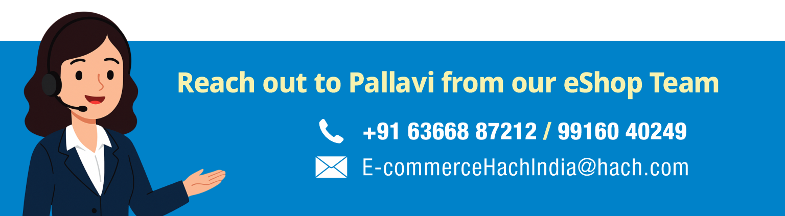Hach India clearance sale banner with eShop contact Pallavi for order help call 6366887212