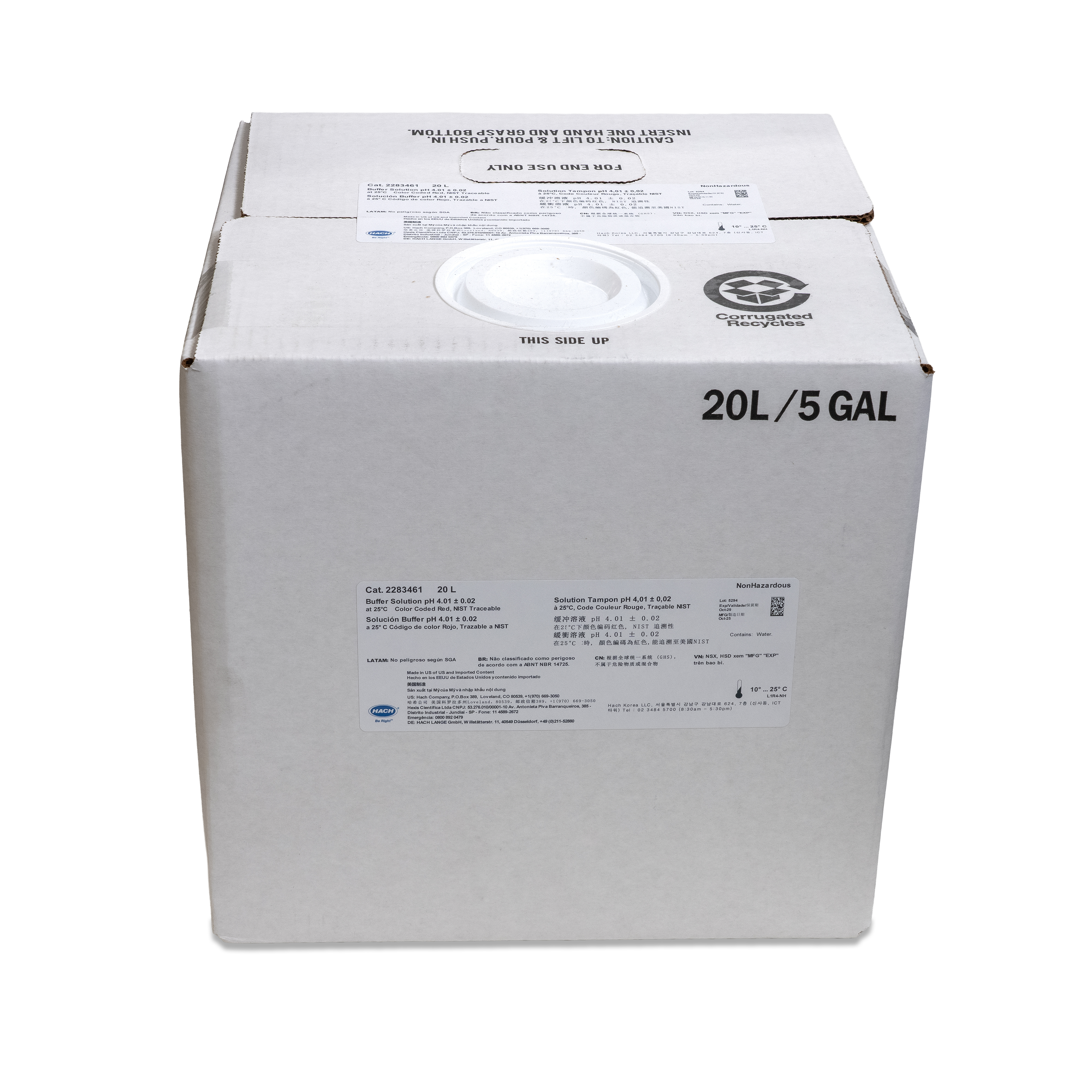 Buffer Solution, pH 4.01, Color-coded Red, 20 L | Hach