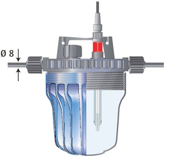 Flow-through chambers for bypass installation of 2 probes (Ø 12 mm) without thread.